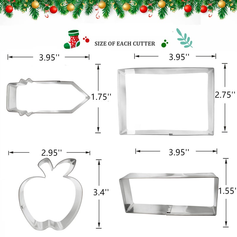 Q-BAKER Back to School Cookie Cutters Set  4PCS Themed Shapes with Apple  Pencil  Ruler Chalkboard Stainless Steel Biscuit Cutter - Image 2