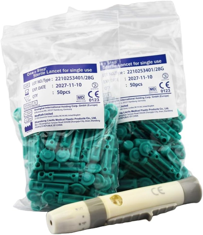 One Step Lancing Device  100 x 28 Gauge Twist Top Lancets Blood Sampling Pen 5 Depth Settings Diabetic Sugar Level Testing Less Pain and Ejector - Image 1