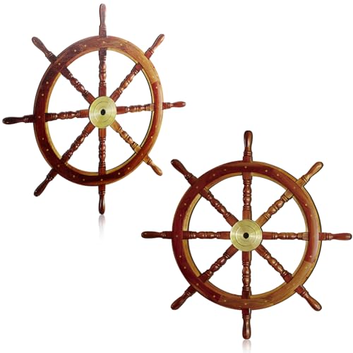 Tatuo 2 Pcs Ship Wheel Wall Decor Halloween Pirate Party Decorations Thin Flat Wooden Nautical Wall Art 2D Wood Beach Boat Cruise Ship Steering Wheel for Home Bedroom Decor(12 Inch) - Image 1