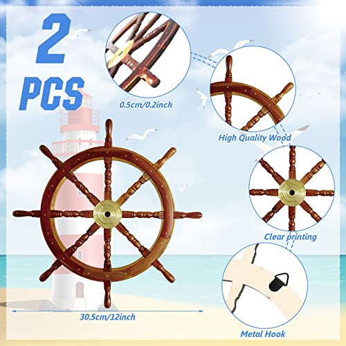 Tatuo 2 Pcs Ship Wheel Wall Decor Halloween Pirate Party Decorations Thin Flat Wooden Nautical Wall Art 2D Wood Beach Boat Cruise Ship Steering Wheel for Home Bedroom Decor(12 Inch) - Image 2