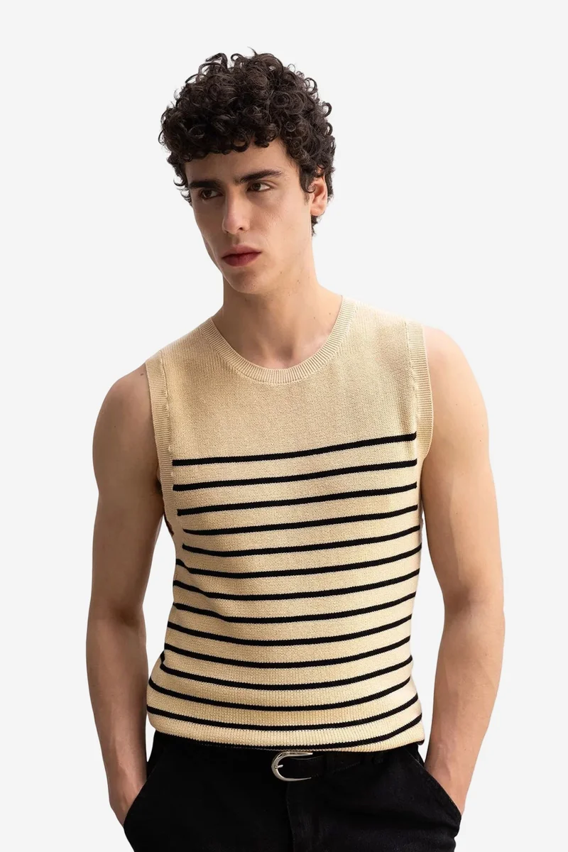 Giesto Beige Natural GIESTO Men's Slim Fit Striped Sleeveless T-Shirt for Men | Best Price UAE