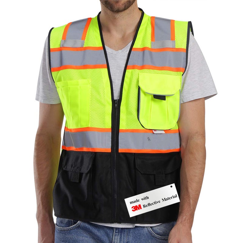 Dib Safety Vest Reflective with Pockets and Zipper High Visibility Mesh ANSI Class 2 Made with 3M Reflective Tape Yellow and Black 3XL