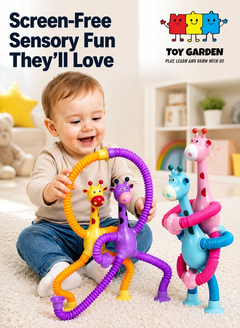 TOY GARDEN Telescopic Giraffe Suction Cup Toy for Toddlers – 4-Pack Pop Tubes Baby Sensory Toys, Fine Motor Skills & Creative Learning, Autism Fidget Toy, Perfect Party Favors & Gifts for Children - Image 1