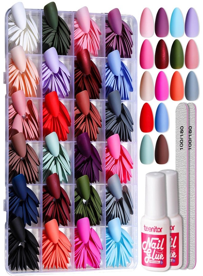 Teenitor Press on Nails,Short Almond Press on Nails, Matte Acrylic Fake Nails with Nail Glue, 24 Colors - Image 1