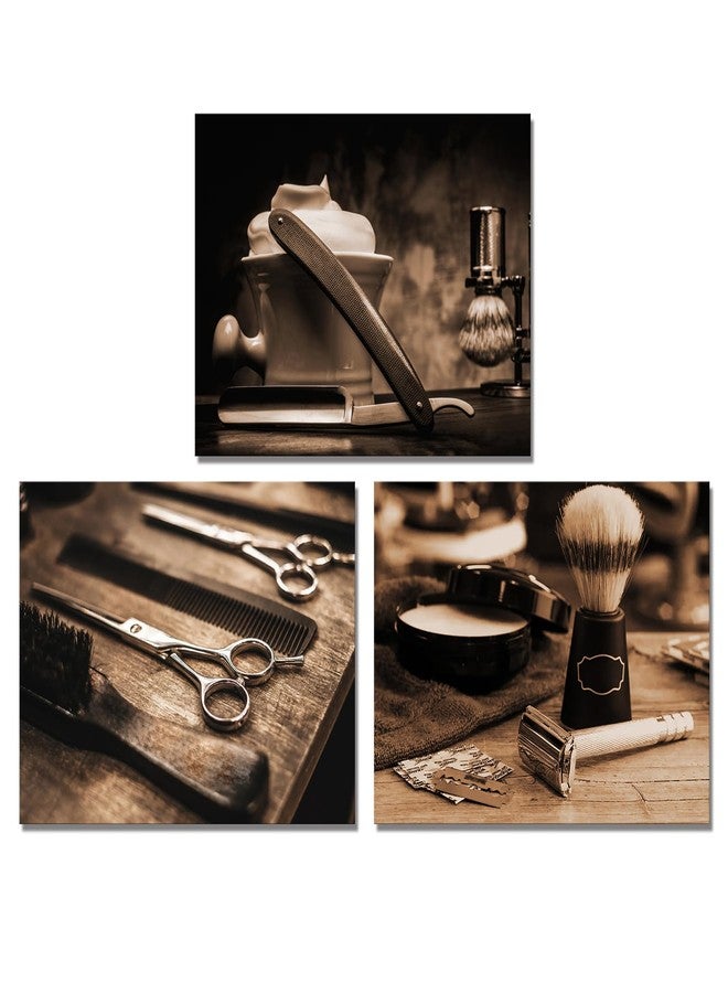 Derkymo Vintage Barber Shop Framed Wall Art Barber Scissors Painting Canvas Prints Hairdresser Haircut Tools Pictures Artwork for Gallery Wrap Salon Decorative 12"x16"x3 Pieces - Image 1