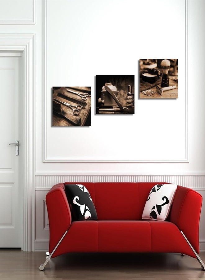 Derkymo Vintage Barber Shop Framed Wall Art Barber Scissors Painting Canvas Prints Hairdresser Haircut Tools Pictures Artwork for Gallery Wrap Salon Decorative 12"x16"x3 Pieces - Image 2