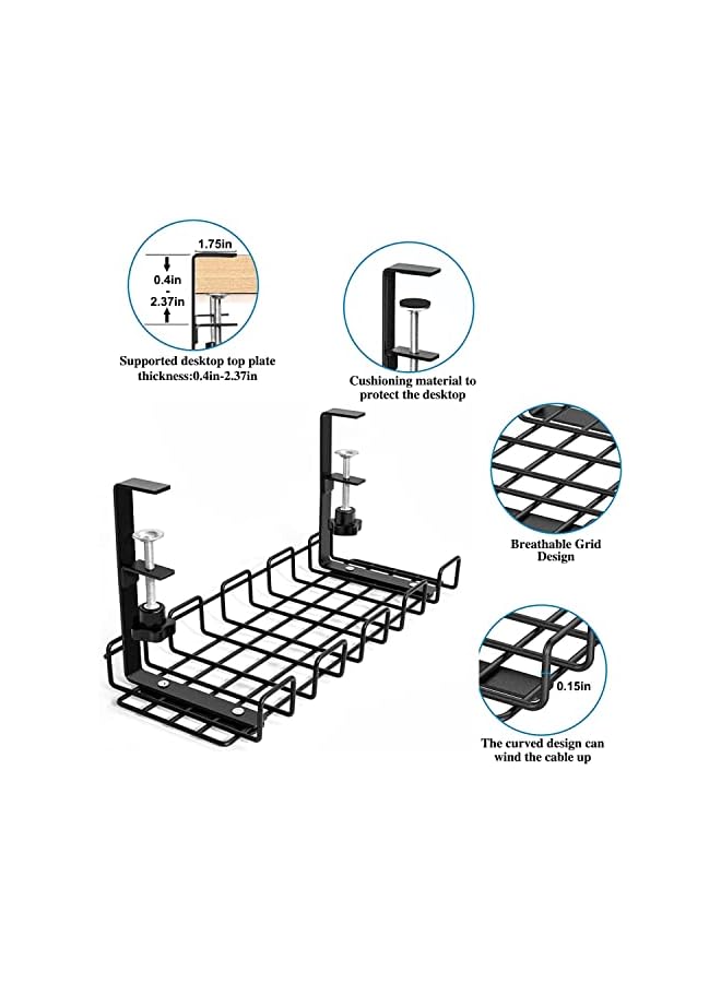 Jorunb Under Desk Cable Management Tray, No Need to Drill Holes Cable Organizer, Clamp Install Metal Cord Management Rack,Cable Basket Perfect for Office/Home/Kitchens(Black, 1 Pack) - Image 2