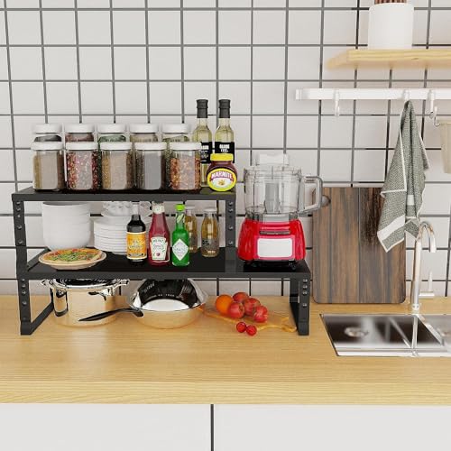 Jojocross Expandable Cabinet Shelf Organizer Storage Spice Rack Shelves for Kitchen Stackable Adjustable Pantry Cupboard Bathroom Countertop Desktop(1Pack/Black/Large) - Image 4
