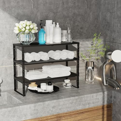 Jojocross Expandable Cabinet Shelf Organizer Storage Spice Rack Shelves for Kitchen Stackable Adjustable Pantry Cupboard Bathroom Countertop Desktop(1Pack/Black/Large) - Image 5