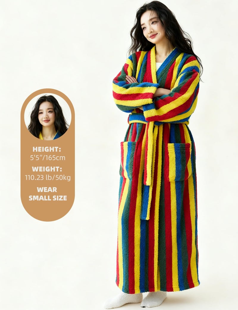 Arssm Womens Striped Fluffy Robe Long Plush Bathrobes Fuzzy Warm Cozy Thick Loungewear Maxi Robe(Rainbow-S) - Image 4