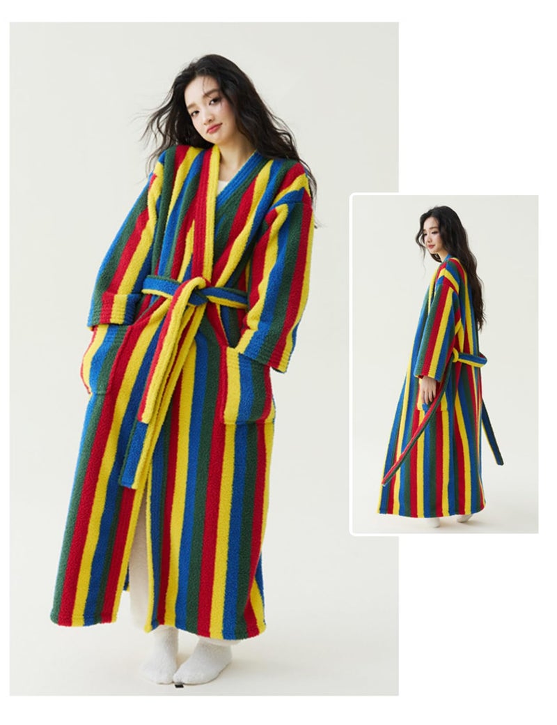 Arssm Womens Striped Fluffy Robe Long Plush Bathrobes Fuzzy Warm Cozy Thick Loungewear Maxi Robe(Rainbow-S) - Image 5