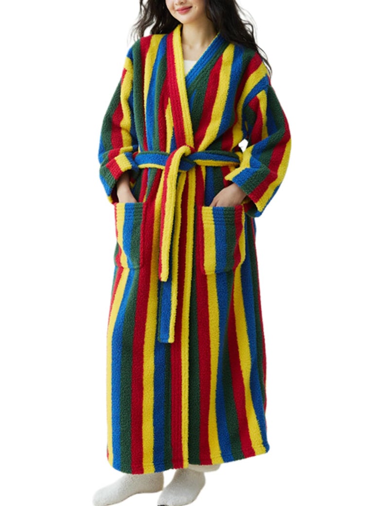 Arssm Womens Striped Fluffy Robe Long Plush Bathrobes Fuzzy Warm Cozy Thick Loungewear Maxi Robe(Rainbow-S) - Image 1