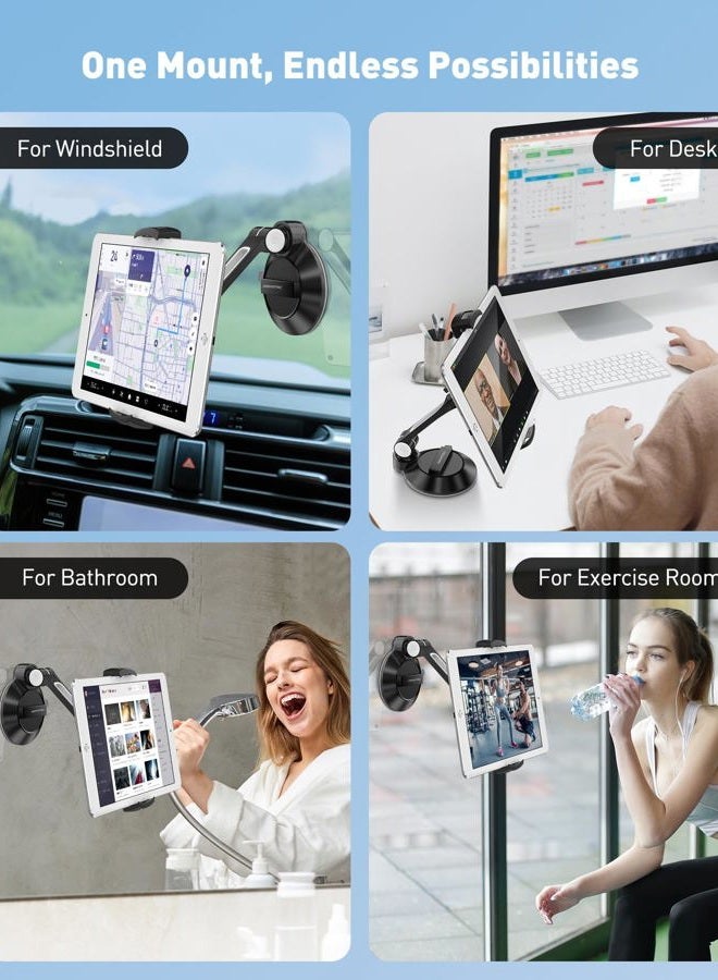 AboveTEK iPad Suction Mount, Phone Tablet Stand Holder with Suction Cup Fits 4"-11" Tablet/Phone/iPad Mini/Air, Sticky iPads Mount on Window Bathroom Mirror, for Car Truck Windshield Boat (Black) - Image 2