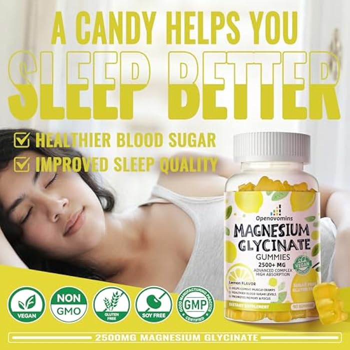 Openovomins Magnesium Glycinate Gummies 2500mg - Sugar Free Magnesium Potassium Supplement with Vitamin D, B6, CoQ10 for Calm Mood & Sleep Support - 90 Lemon Gummies - Image 5