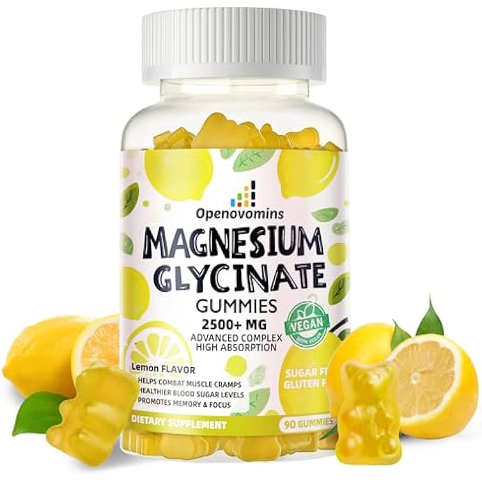 Openovomins Magnesium Glycinate Gummies 2500mg - Sugar Free Magnesium Potassium Supplement with Vitamin D, B6, CoQ10 for Calm Mood & Sleep Support - 90 Lemon Gummies - Image 1