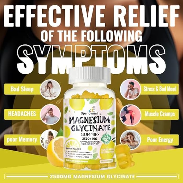 Openovomins Magnesium Glycinate Gummies 2500mg - Sugar Free Magnesium Potassium Supplement with Vitamin D, B6, CoQ10 for Calm Mood & Sleep Support - 90 Lemon Gummies - Image 3