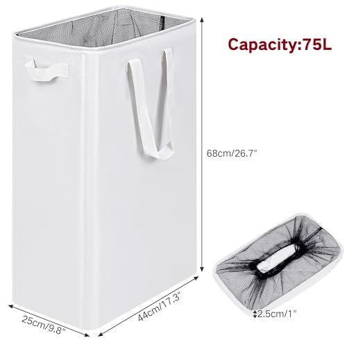efluky Slim Laundry Basket Narrow Laundry Hamper with Handles Collapsible Dirty Clothes Hamper Tall Laundry Bin for Laundry Room Dorm and Bedroom 127 Gallons75L White - Image 3