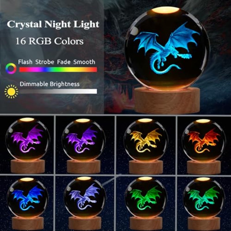 Dragon Night Light, .5 Inch 80mm K9 Crystal D Lamp with Remote for Birthday Xmas Cool Figurines Dragon Gifts for Room Decor Boys Girls - Image 2