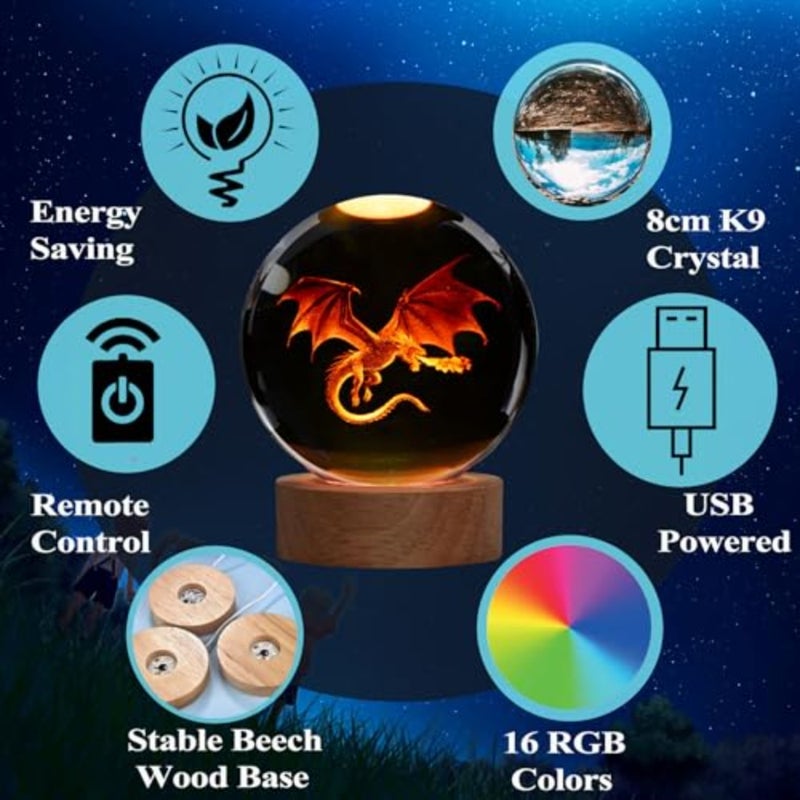 Dragon Night Light, .5 Inch 80mm K9 Crystal D Lamp with Remote for Birthday Xmas Cool Figurines Dragon Gifts for Room Decor Boys Girls - Image 4