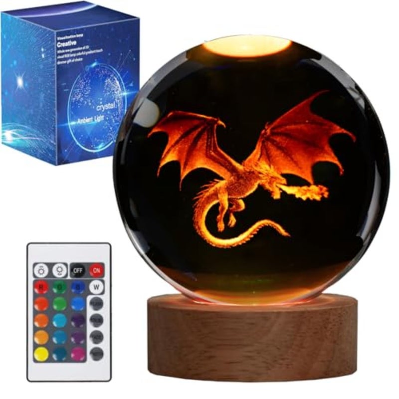 Dragon Night Light, .5 Inch 80mm K9 Crystal D Lamp with Remote for Birthday Xmas Cool Figurines Dragon Gifts for Room Decor Boys Girls - Image 1