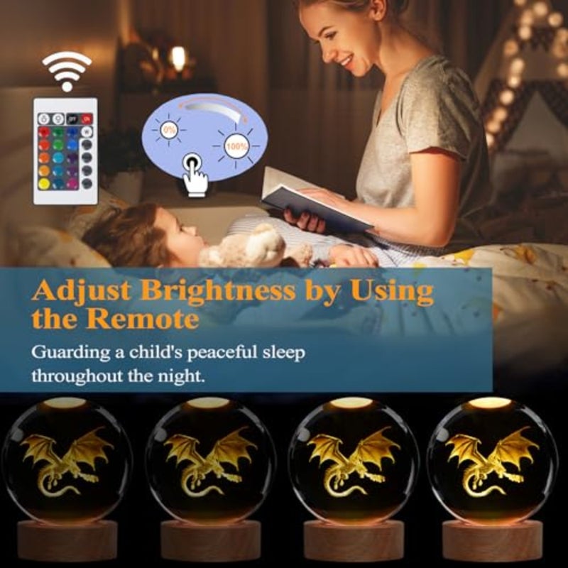 Dragon Night Light, .5 Inch 80mm K9 Crystal D Lamp with Remote for Birthday Xmas Cool Figurines Dragon Gifts for Room Decor Boys Girls - Image 3