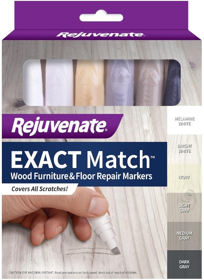 Rejuvenate Rejuvenate Exact Match Wood Furniture and Wood Floor Repair Markers for White Furniture & Gray Furniture and Floors - 6 Colors  - Image 1