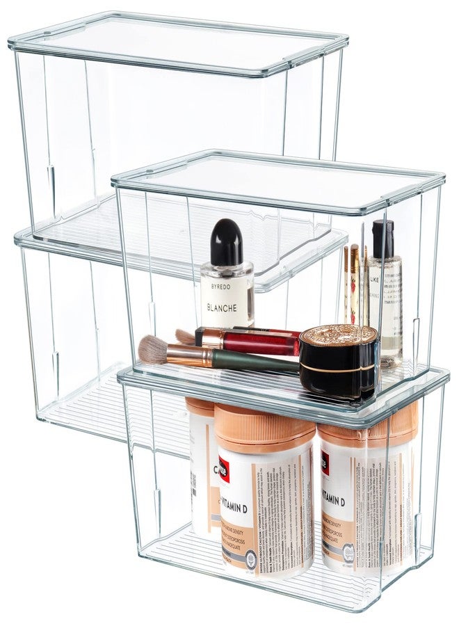 Hudgan Clear Plastic Storage Organizer Bins with Acrylic Lids for Home Office, Kitchen, Cupboard, Pantry Shelves, Medicine Cabinet, Craft Rooms - 4.5-Inches Tall - 4 Pack - Image 1