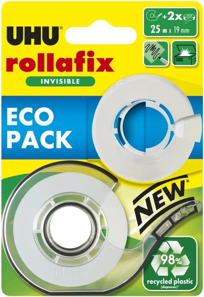 UHU Eco Rollafix Invisible Tape 25M With Dispenser + 25M Refill - Image 1
