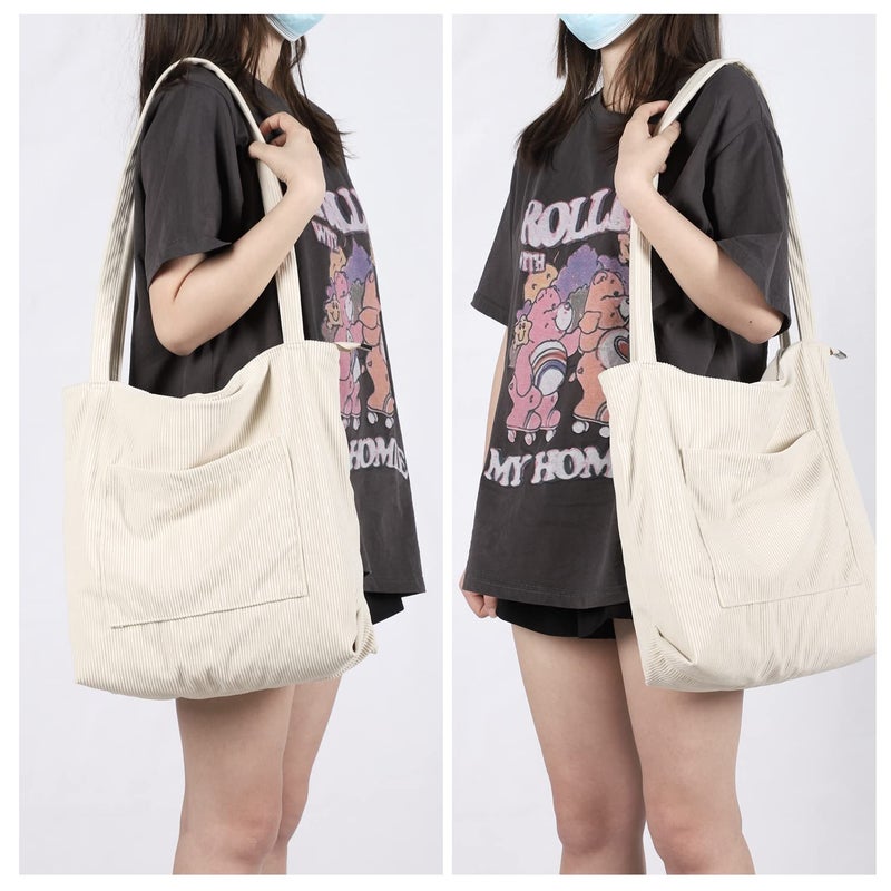 WantGor Women Corduroy Tote, Large Shoulder Hobo Bags Casual Handbags Big Capacity Shopping Purses Work Bag (Beige) - Image 5