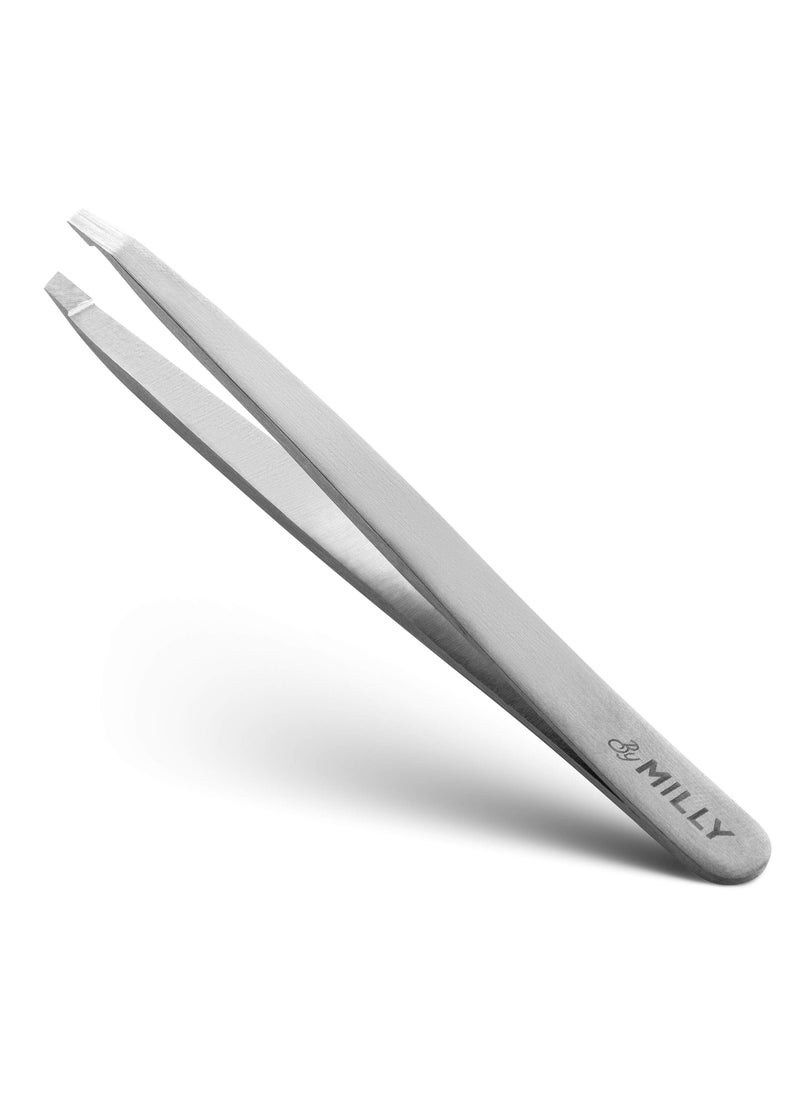 By MILLY - By MILLY Professional Slanted Tweezers for Women & Men | High Carbon Stainless Steel Sharp Tweezers | Tweezers for Women Facial Hair Plucking, Hand-Filed & Aligned Precision Slant Tips - Silver - Image 1