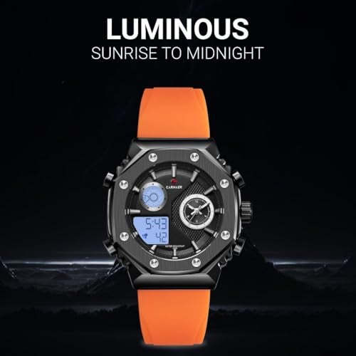CARNAER Men’s Analog-Digital Chronograph Watch – Dual Display, Quartz Movement, Luminous Hands, Stopwatch, Zinc Alloy Case, Silicone Strap, Waterproof Sports Wristwatch for Boys (Orange) - Image 5