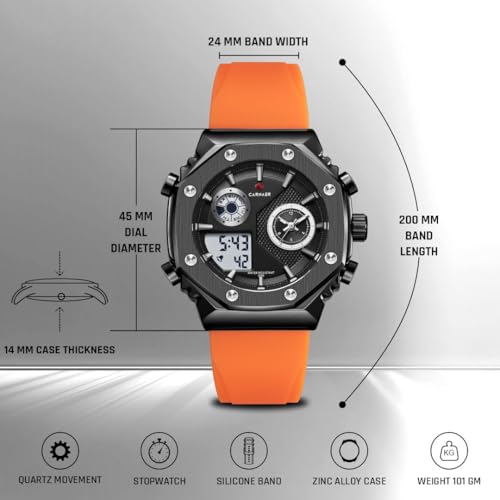 CARNAER Men’s Analog-Digital Chronograph Watch – Dual Display, Quartz Movement, Luminous Hands, Stopwatch, Zinc Alloy Case, Silicone Strap, Waterproof Sports Wristwatch for Boys (Orange) - Image 2