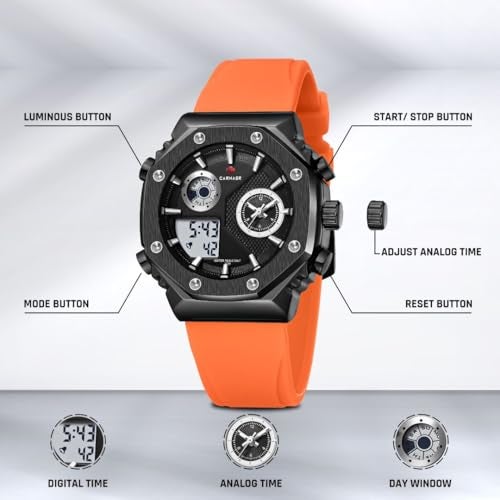 CARNAER Men’s Analog-Digital Chronograph Watch – Dual Display, Quartz Movement, Luminous Hands, Stopwatch, Zinc Alloy Case, Silicone Strap, Waterproof Sports Wristwatch for Boys (Orange) - Image 3