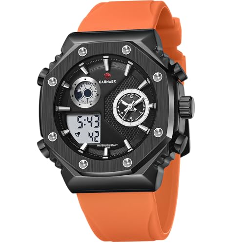 CARNAER Men’s Analog-Digital Chronograph Watch – Dual Display, Quartz Movement, Luminous Hands, Stopwatch, Zinc Alloy Case, Silicone Strap, Waterproof Sports Wristwatch for Boys (Orange) - Image 1