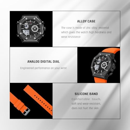 CARNAER Men’s Analog-Digital Chronograph Watch – Dual Display, Quartz Movement, Luminous Hands, Stopwatch, Zinc Alloy Case, Silicone Strap, Waterproof Sports Wristwatch for Boys (Orange) - Image 4