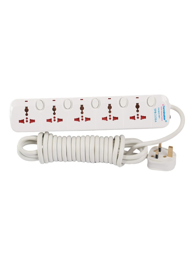 Terminator 5 Way Universal Power Extension Socket with Cable, 3 m Cable Length, White - 215SA - Image 1