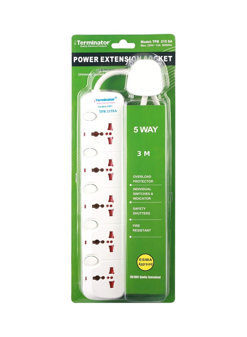 Terminator 5 Way Universal Power Extension Socket with Cable, 3 m Cable Length, White - 215SA - Image 2