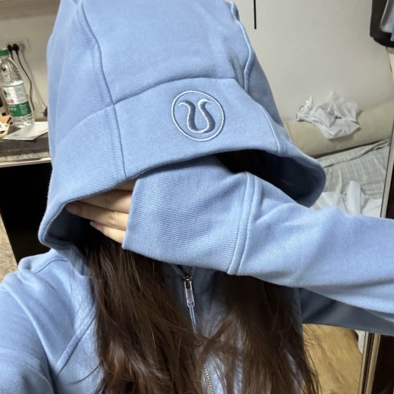 Women's Embroidered Hooded Full-Zip Fleece-Lined Slim Fit Yoga Jacket - Image 3