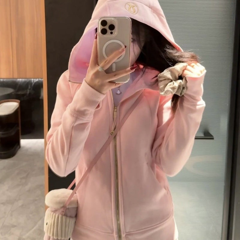 Women's Embroidered Hooded Full-Zip Fleece-Lined Slim Fit Yoga Jacket - Image 5