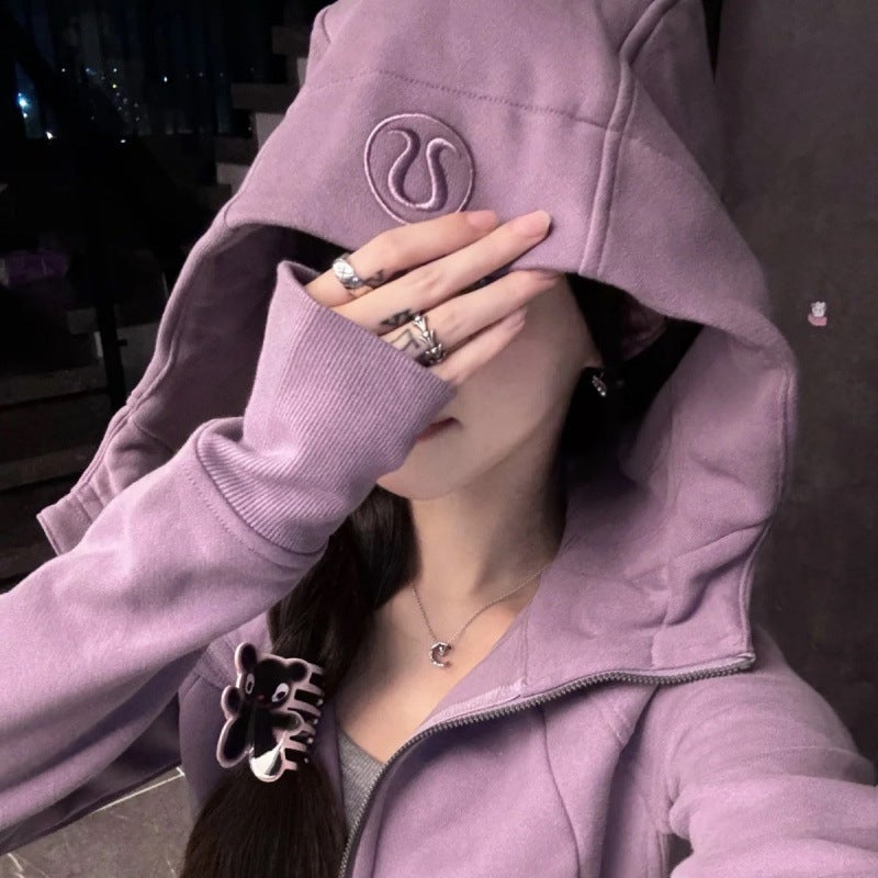 Women's Embroidered Hooded Full-Zip Fleece-Lined Slim Fit Yoga Jacket - Image 4