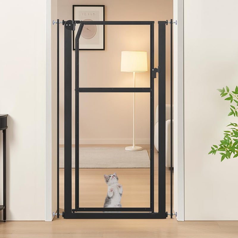 unipaws 56" Extra Tall Pet Gate, Clear Transparent Tall Cat Gate, 29.5-33.5" Wide No Drilling Pressure Mounted Dog Gate for Doorway, Hallway, Stairs, Black - Image 1