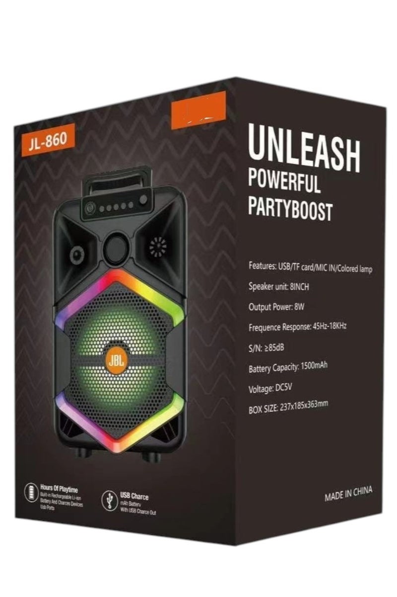 JL-860 Wireless Bluetooth Speaker with AI and Pure Surround Sound, Multi-Color RGB Lighting with Carrying Strap, Multiple Compatibility Modes, FM Radio, Memory, - Image 3