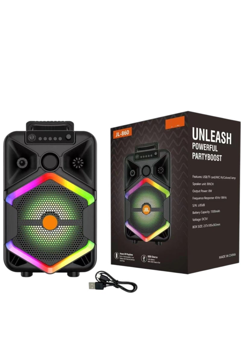 JL-860 Wireless Bluetooth Speaker with AI and Pure Surround Sound, Multi-Color RGB Lighting with Carrying Strap, Multiple Compatibility Modes, FM Radio, Memory, - Image 1