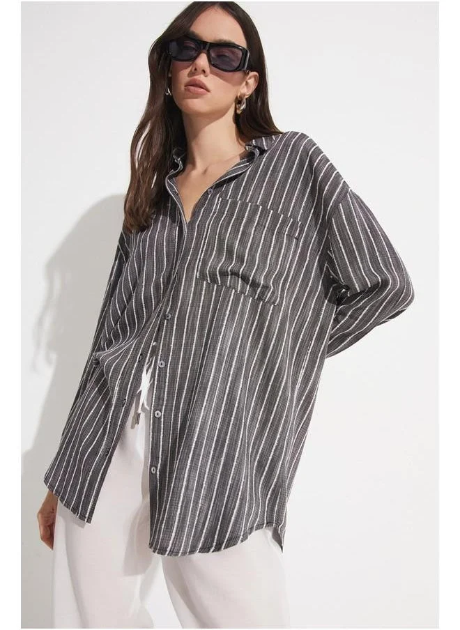 JUNE June Women Exclusive Boyfriend/Wide Fit Striped Viscose Shirt Black
