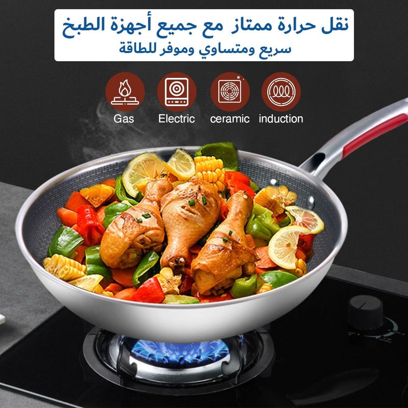 elyassin Frying Pan 32CM Nonstick Wok With Glass Lid Induction Compatible Skillet For Stir Fry Saute Cooking Easy Clean Anti Warp Base Silver Kitchen Pan - Image 4