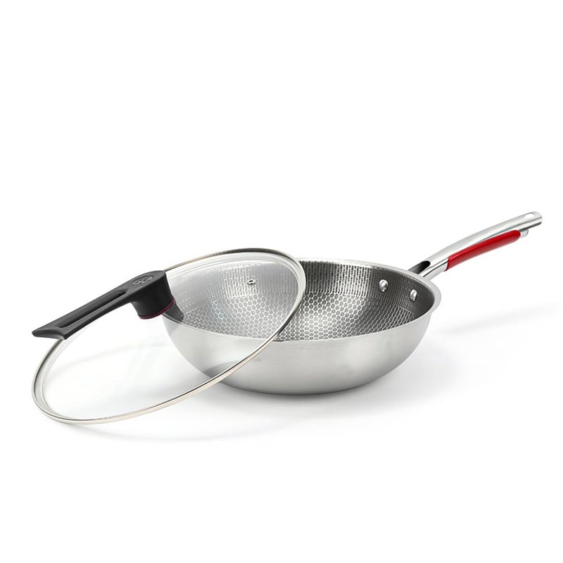 elyassin Frying Pan 32CM Nonstick Wok With Glass Lid Induction Compatible Skillet For Stir Fry Saute Cooking Easy Clean Anti Warp Base Silver Kitchen Pan - Image 1