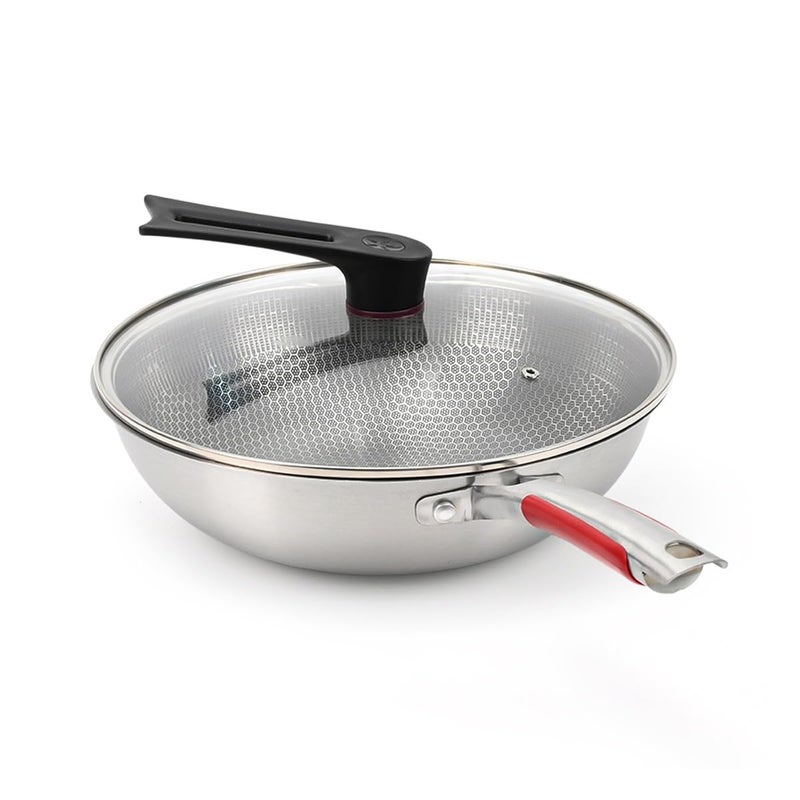 elyassin Frying Pan 32CM Nonstick Wok With Glass Lid Induction Compatible Skillet For Stir Fry Saute Cooking Easy Clean Anti Warp Base Silver Kitchen Pan - Image 2
