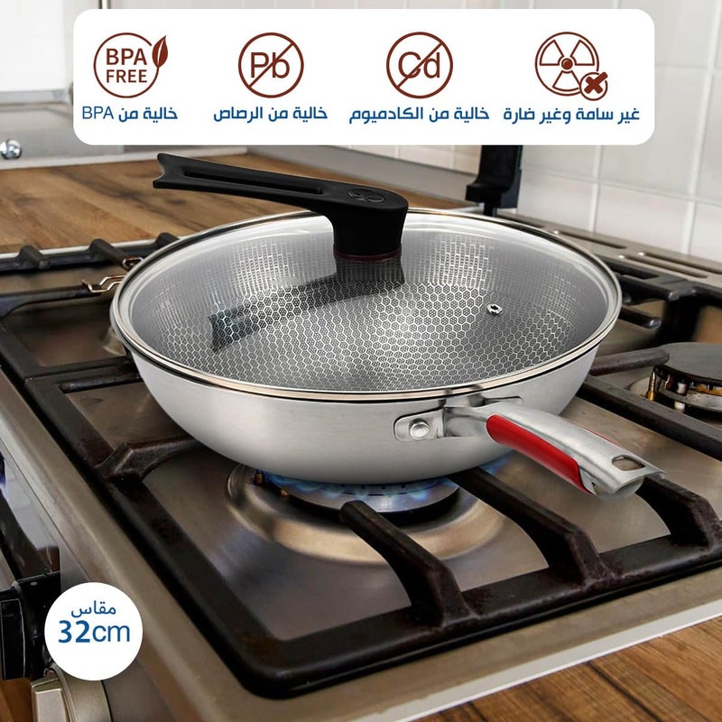 elyassin Frying Pan 32CM Nonstick Wok With Glass Lid Induction Compatible Skillet For Stir Fry Saute Cooking Easy Clean Anti Warp Base Silver Kitchen Pan - Image 3