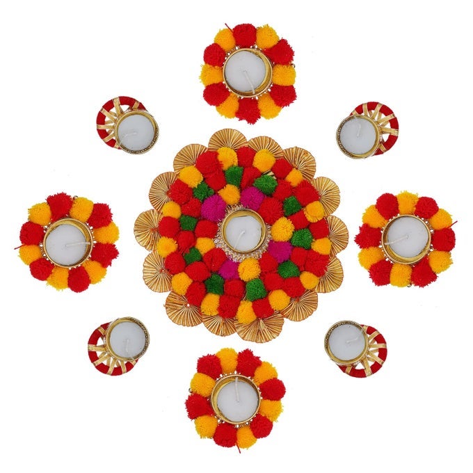 HOME DECORATIVE RANGOLI DIYA SET CORPORATE GIFT DIWALI GIFT DIYA FOR PUJA HOME DECORATION LIGHT DIYA CHRISTMAS CANDLE LIGHTING NEW YEAR CANDLE SET OF 9 YELLOW RED
