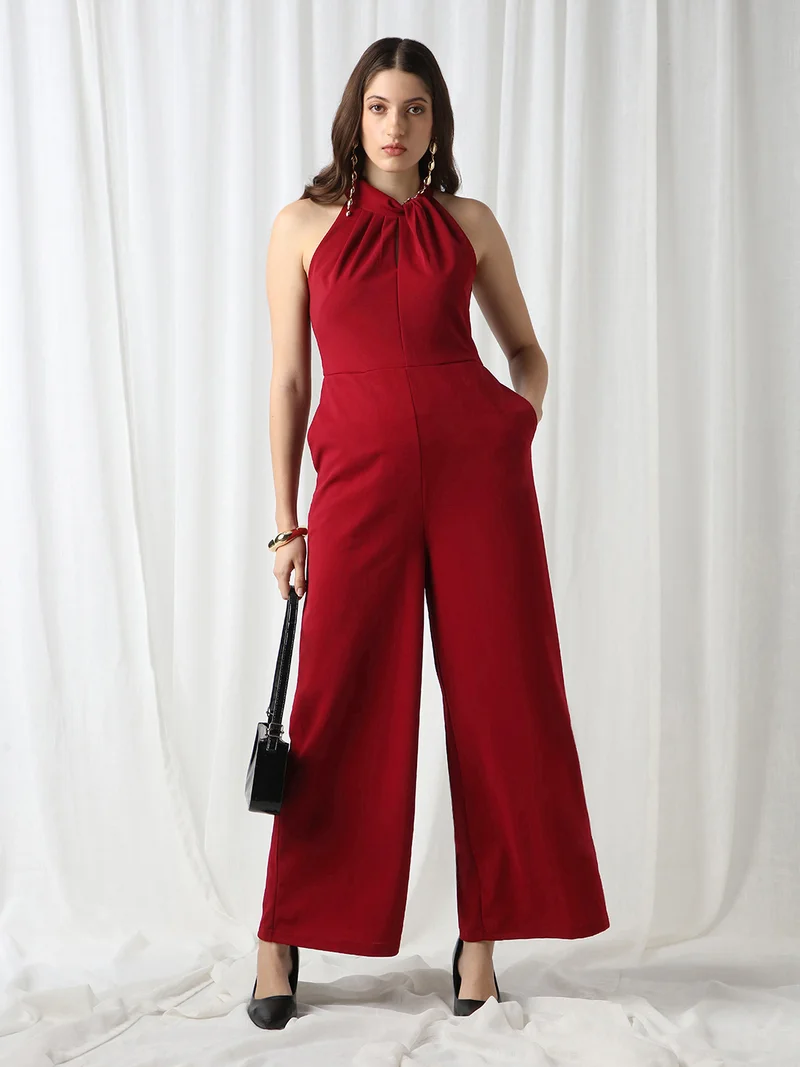 Globus Women Maroon Twisted Halter Neck Sleevesless Pleated Detaling Wide leg Jumpsuit